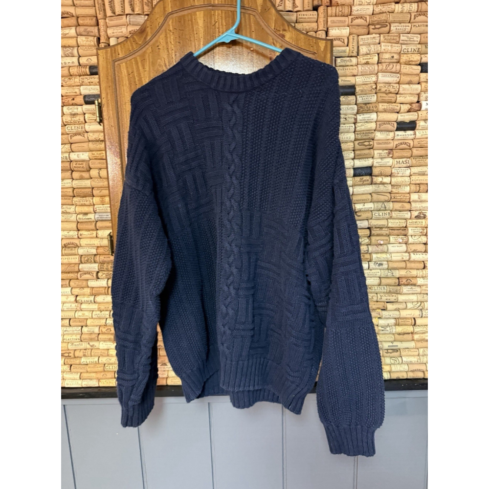 Vintage Stone Haven Sweater Men Navy Cable Knit Ramie Cotton Winter Size XL